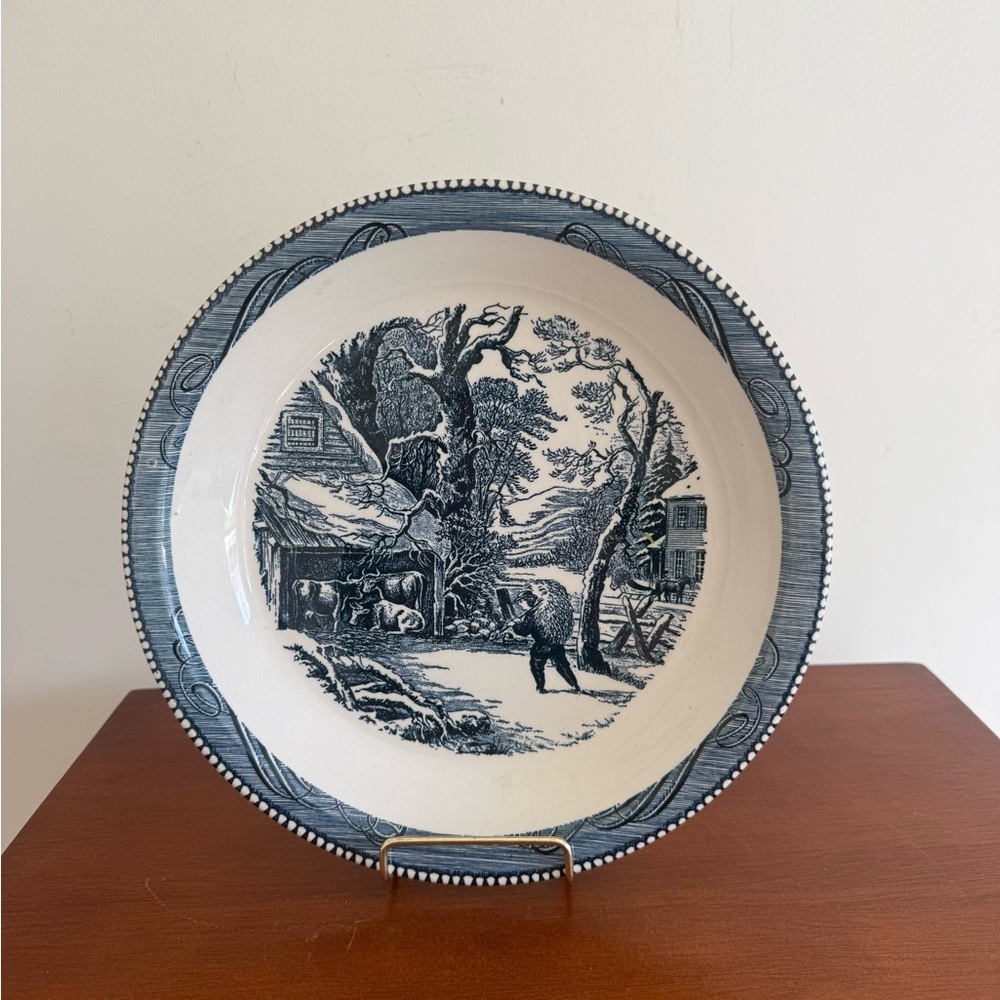 Vintage Currier and Ives Blue by ROYAL 10" Pie Baking Plate Snowy Morning